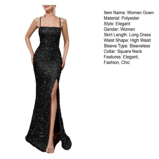 Женское длинное вечернее платье с блестками, квадратным вырезом, открытой спиной и разрезом