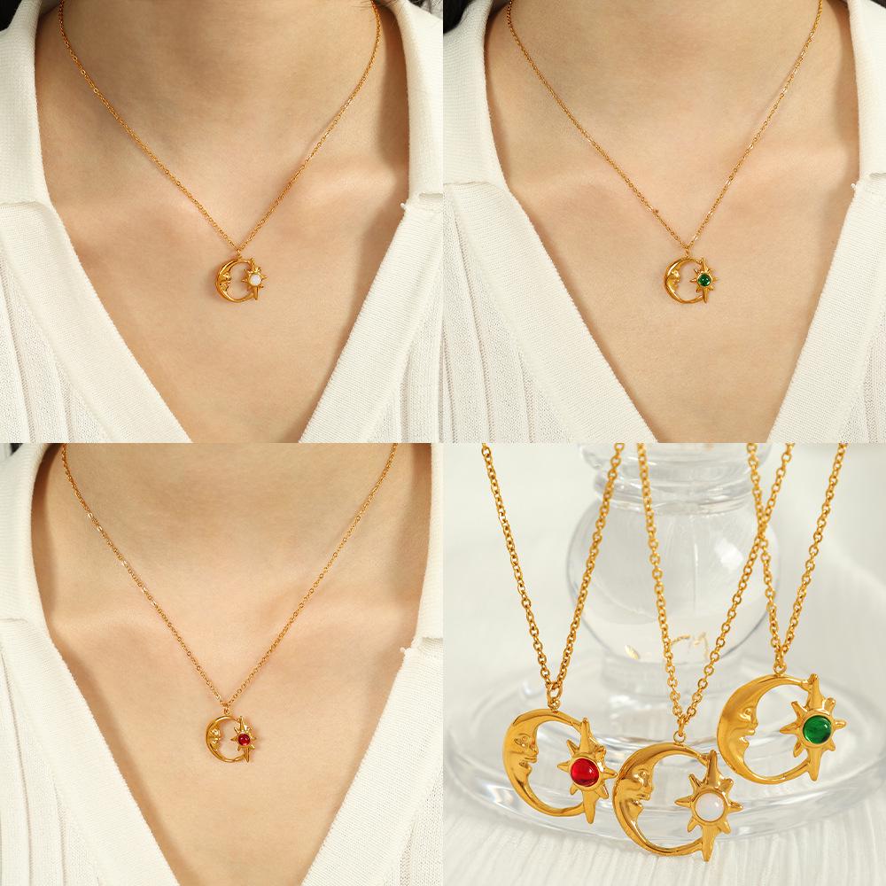 Hollow Star & Moon Opal Pendant Necklace - Luxury Clavicle Chain Jewelry