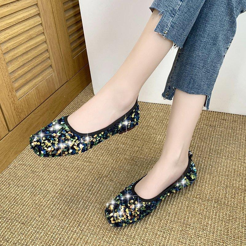 Туфли на плоской подошве, женские лоферы с блестками и квадратным носком, модные балетки, свадебные туфли на плоской подошве для женщин, удобные модельные туфли без шнуровки на низком каблуке для вечерней вечеринки