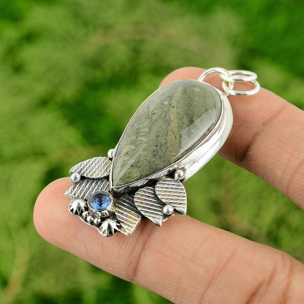 Pear Natural Polychrome Jasper Tanzanite Quartz Mother Bezel Pendant 925 Silver