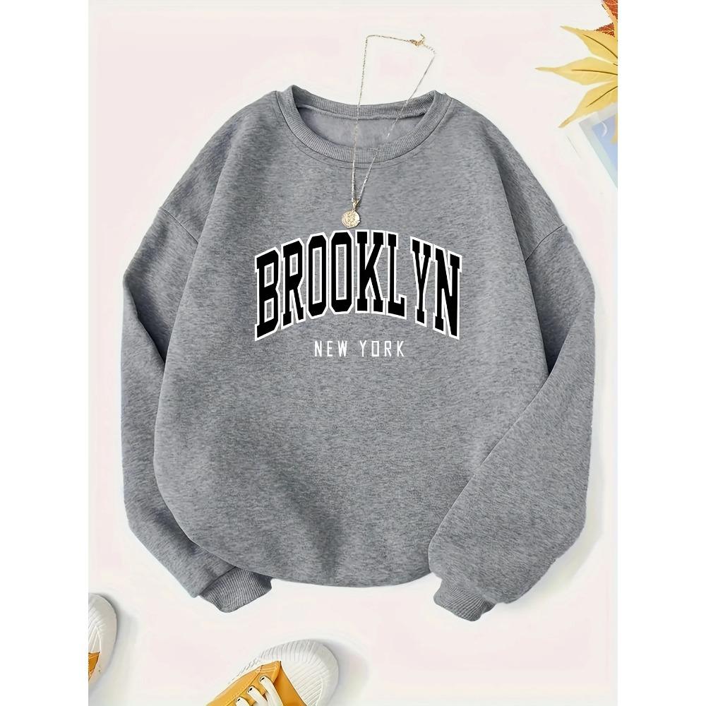 Женский повседневный пуловер с принтом BROOKLYN, с длинным рукавом, круглым вырезом, стандартной посадки, для осени и зимы, женская одежда