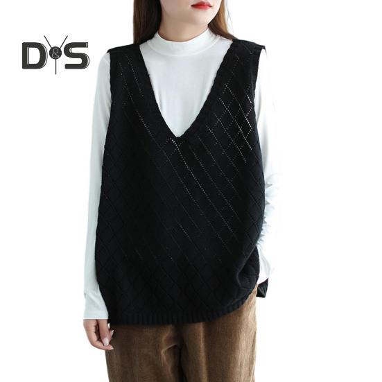 Весна Осень Женский Жилет Вязаный Свитер Ретро V-образный Вырез Свободный Без Рукавов Однотонный Пуловер Ажурный Ромбовидный Текстурный Топ Повседневная Одежда