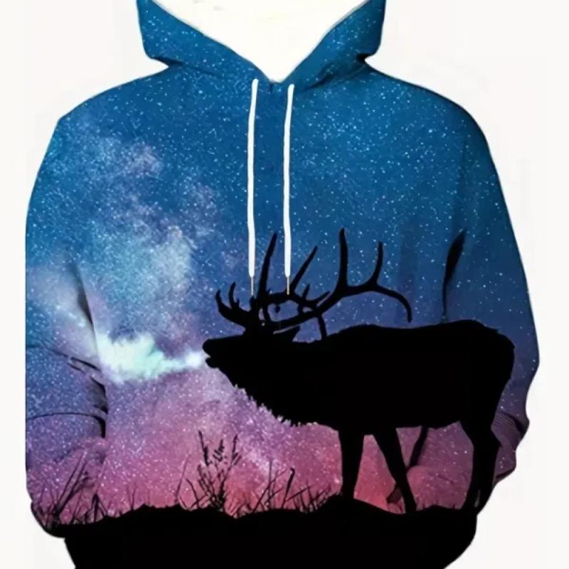 Stylish Deer/Elk Print Men's Hoodie Comfortable 100% Polyester Winter Fall Streetwear
