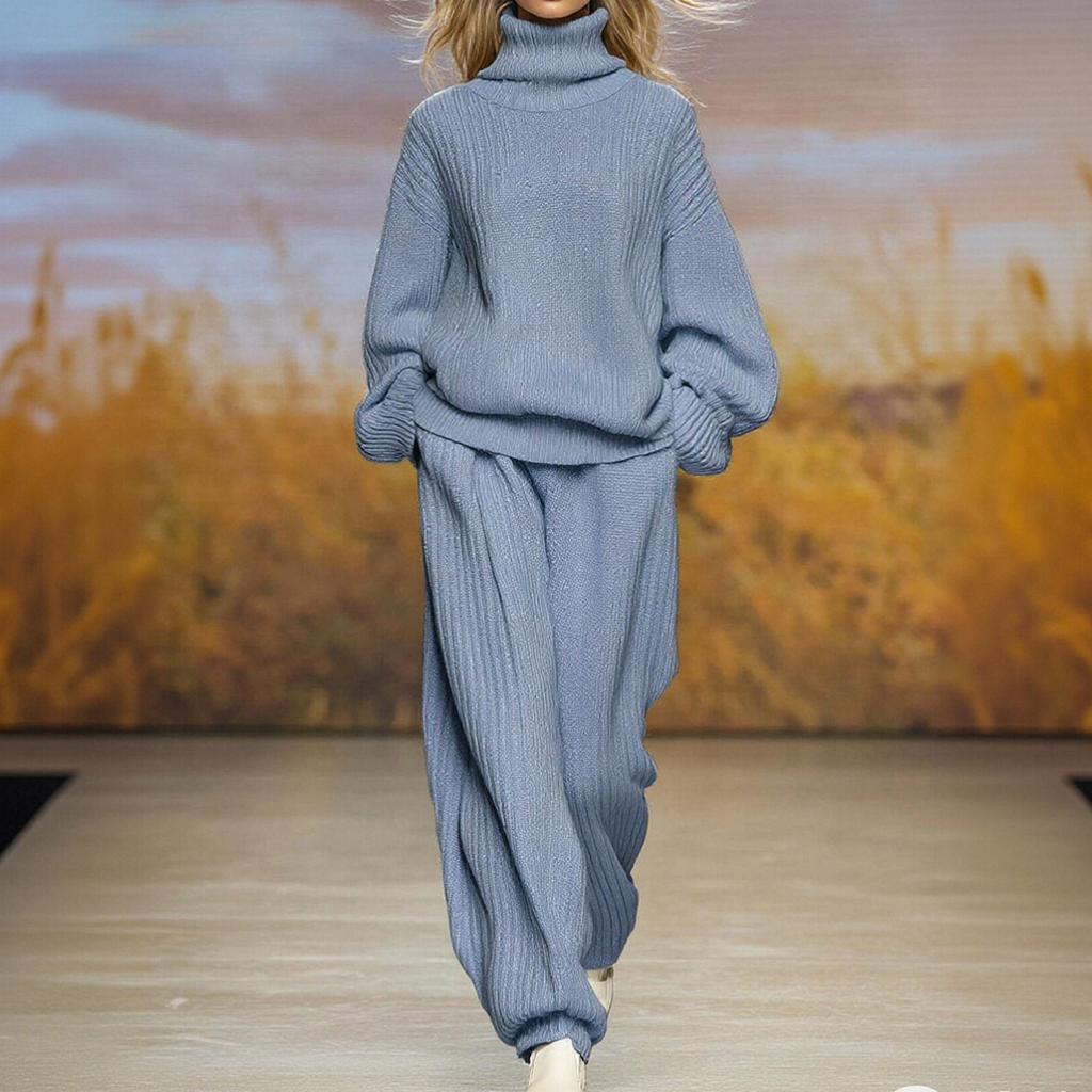 Женский модный повседневный вязаный комплект свободного кроя с высоким воротом и широкими брюками