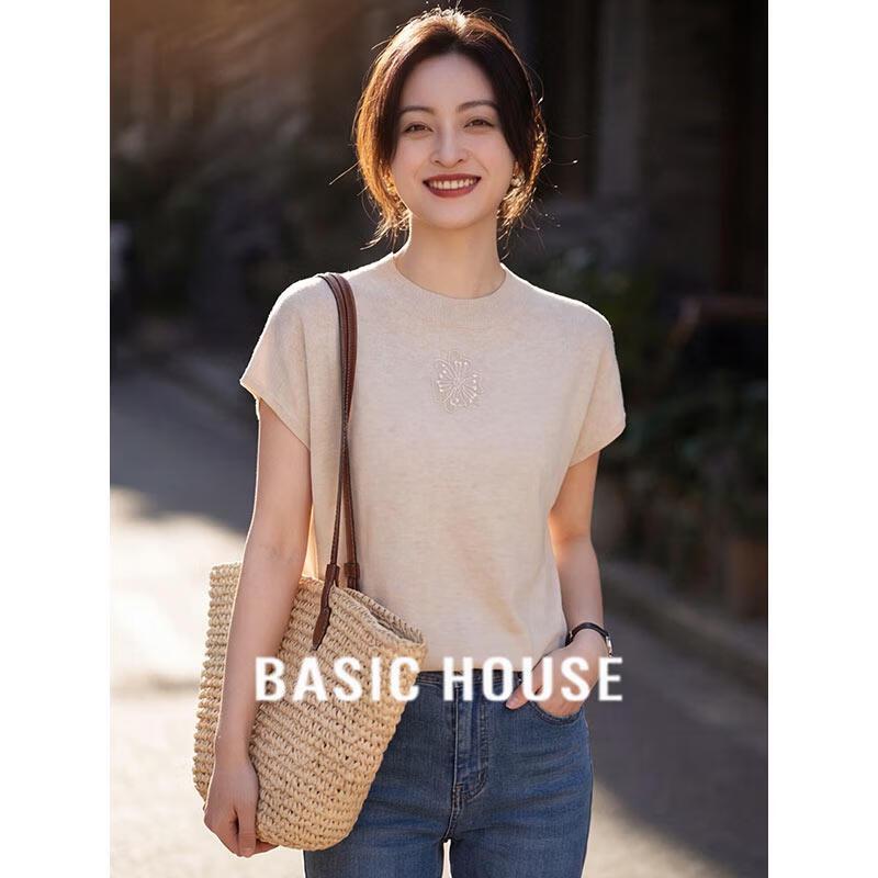 Базовый женский вязаный топ Basic House с круглым вырезом и вышивкой