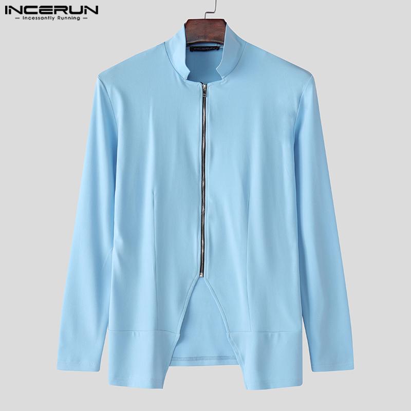 INCERUN Мужские весенние топы с воротником-стойкой, длинными рукавами, на молнии, повседневные, приталенные, майки