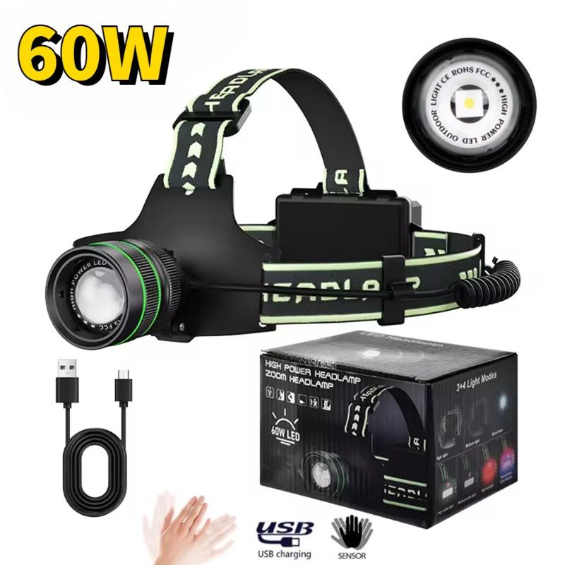 60W High Power Spotlight Long Range Headlamp Type-C Charging 5 Lighting Modes Wave Hand Induction Flashlight Output For Camping