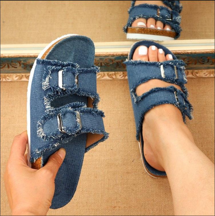 Foreign Trade Plus-size Tassel Slippers Women Wear European and American Belt Buckles, Cork-soled Canvas, One-line Cool Slippers, Women Are Light