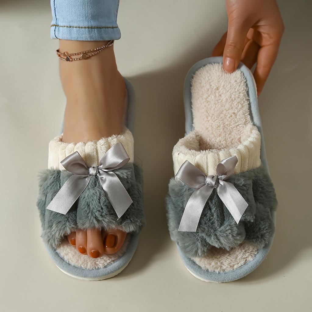 Warm Bowknot Decor Slippers, Casual Open Toe Plush Shoes, Comfortable Indoor Home Slippers