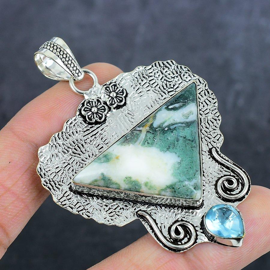 Natural Indian Moss Agate, Topaz 925 Sterling Silver Jewelry Pendant 2.60" Q2z67