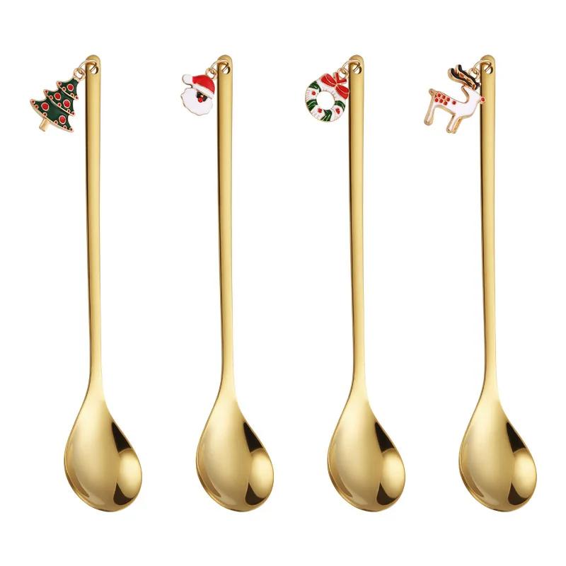 4PCS Christmas Stainless Steel Spoon Christmas Coffee Spoons Set Gold Home Restaurant Dessert Cutlery Set,Pendant for Xmas Party
