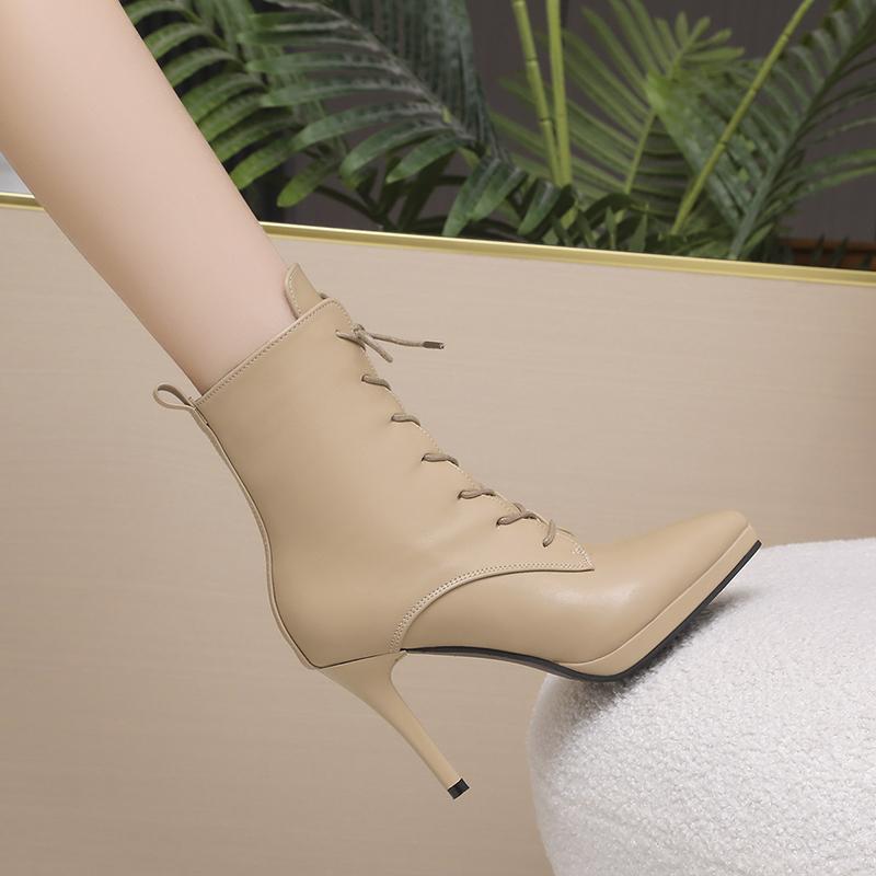 Women Ankle Boots PU Leather High Shoes Pointed Toe Vintage Winter Lace Up Lady Short Boots Sexy Thin Heels Party Boots Women's