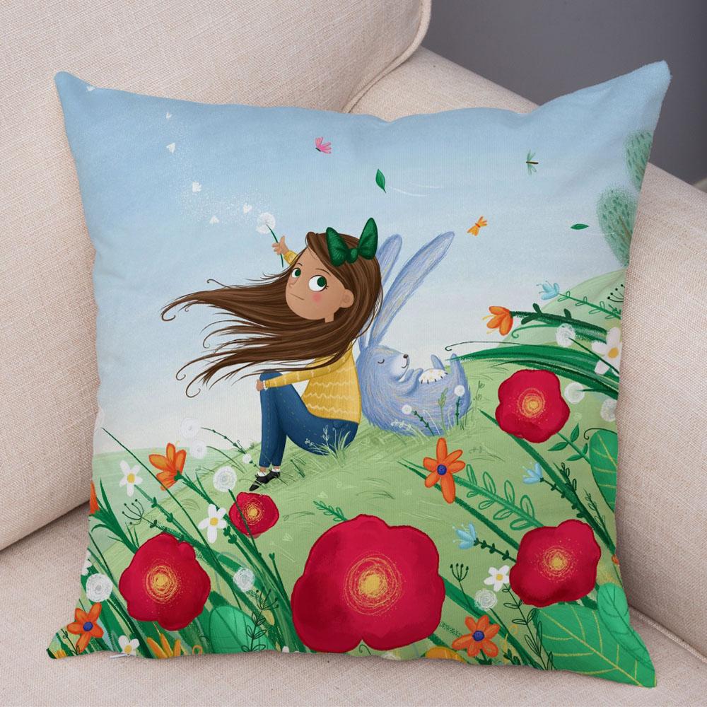Super Soft Plush Pillow Case for Sofa Home Watercolor Cartoon Girl Cushion Cover Decor Fairy Tale World Lovely Child Pillowcase