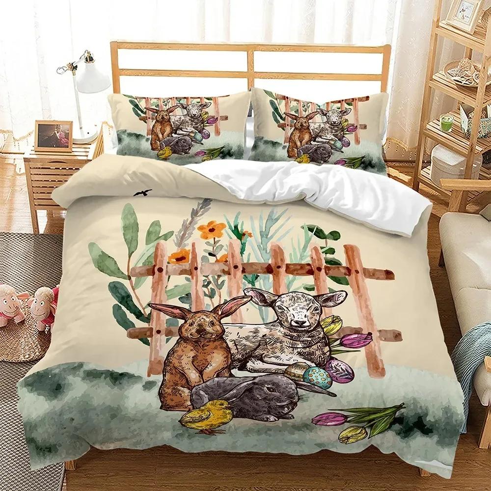 Easter Duvet Cover Set KingQueen Size Colorful Easter Eggs Nest Bunnies Theme Bedding Set Kids Boys Girls Polyester Quilt Cover