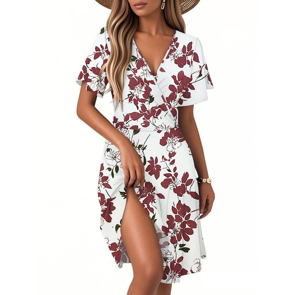 Women's Fashion Short Sleeve Wrap Sundress V-Neck Floral Print Dresses
