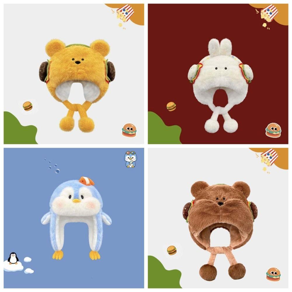 Penguin Winter Plush Hat Cartoon Hamburger Ear Protection Cap Skiing Bear Lei Feng Hat  Autumn