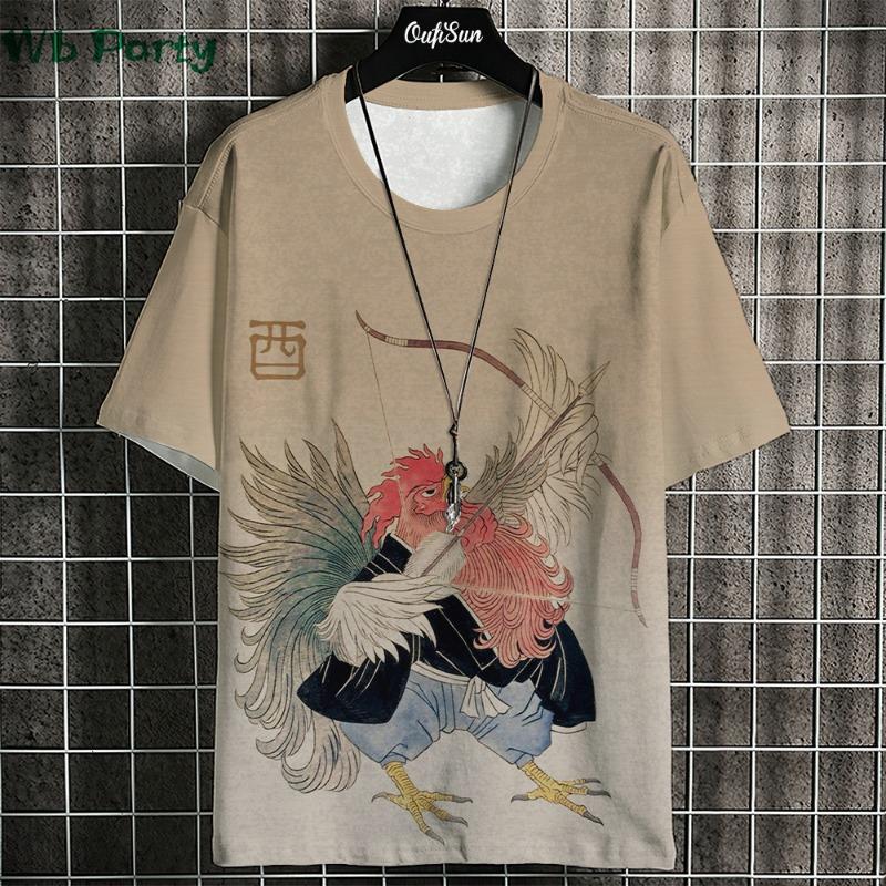 Японская футболка Ukiyo-E Мужские футболки с принтом животных Винтажная мужская одежда Круглая горловина Короткий рукав Футболка Harajuku