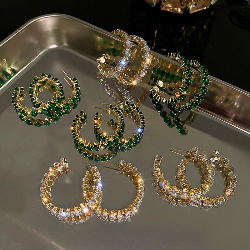 Роскошные серьги-кольца высокого качества с инкрустацией CZ, круглые зеленые серьги с кристаллами циркона для женщин, эффектные ювелирные изделия для помолвки
