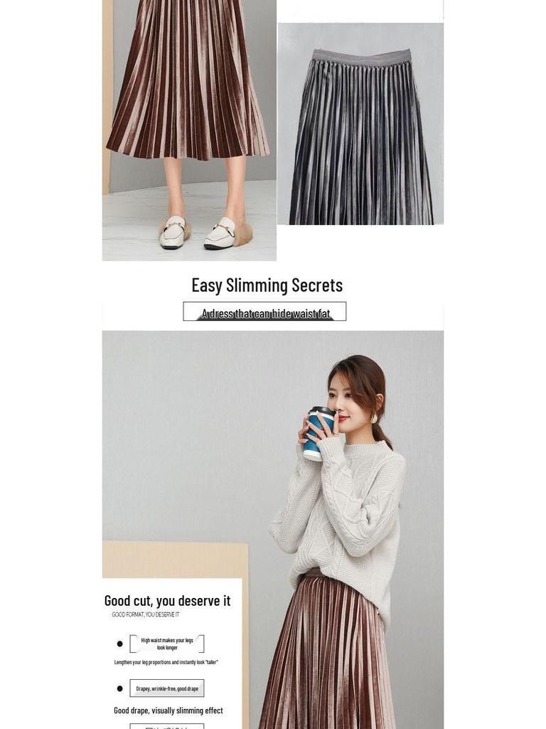 Women's High-Waisted Gold Velvet Pleated A-Line Long Skirt