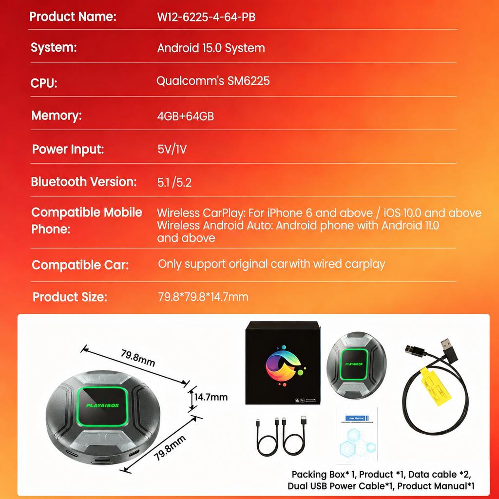 PlayAiBox Qualcomm 6225 Android15 Wireless Carplay AI Box 4GB+64GB Mirrolink 4G Network HDMI Car Multimedia for YouTube Netflix