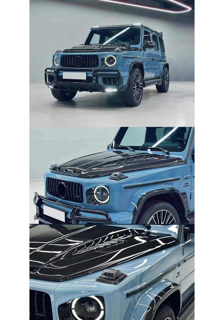 Совместимый карбоновый боди-кит для Mercedes G-Class 465: Передний сплиттер, Задний диффузор, Капот, Крыло, Заднее антикрыло, Крышевой фонарь.