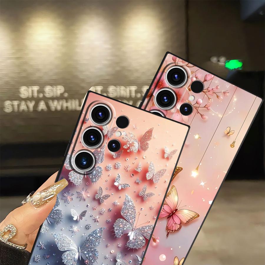 Cartoon Butterfly Pattern Black Soft Phone Cover Case for Samsung Galaxy S21 FE S25 Edge S23 Ultra S20 S24 Plus