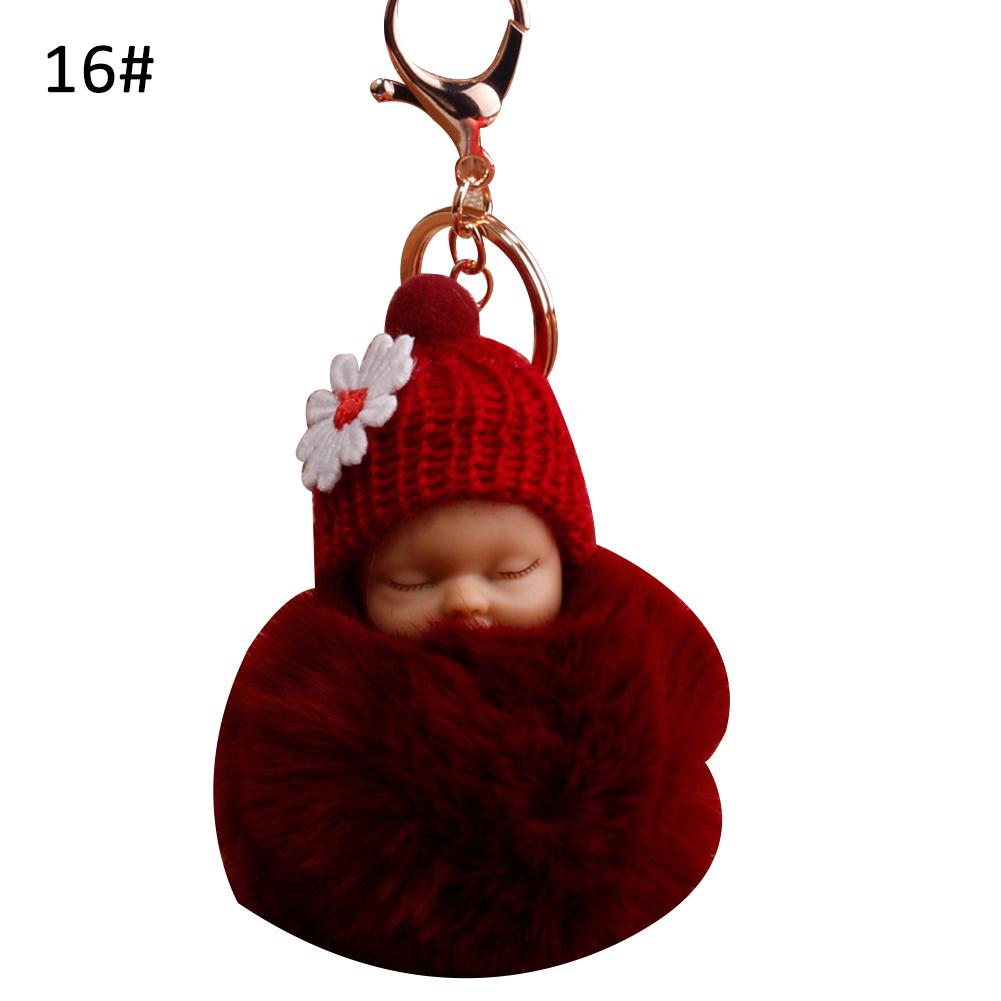 VANA Shop Cute Sleeping Baby Fluffy Pompom Plush Doll Hanging Pendant Key Ring Keychain
