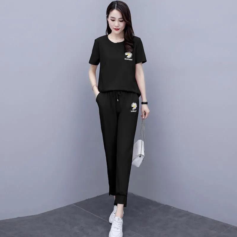 Женский летний удобный спортивный костюм, футболка с круглым вырезом и коротким рукавом + повседневные брюки, комплект из двух предметов
