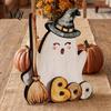 Decorative Ghost Figurine with Pumpkin Halloween Table Ornament, 2D Wooden Decorations Pumpkin/Black Cat/Broom Decor for Home Office Desktop
