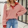 Autumn and Winter Women's Fashion Striped Knit Long Sleeve Colour Block POLO Neck Sweater