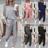 2 Pcs/Set Women Top Pants Suit Crew Neck Long Sleeves Solid Color Sleepwear