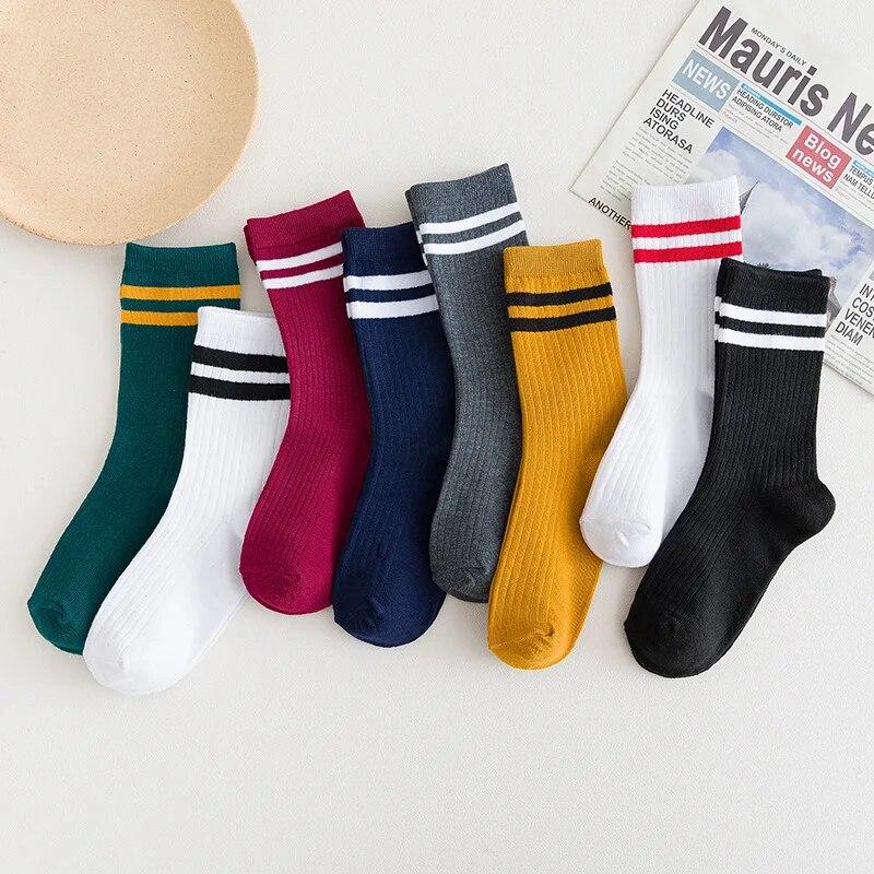 Socks Women's Autumn and Winter Japanese Style Pile Socks Solid Color Mid-tube College Style Parallel Bars Trend Retro Ladies Striped Socks