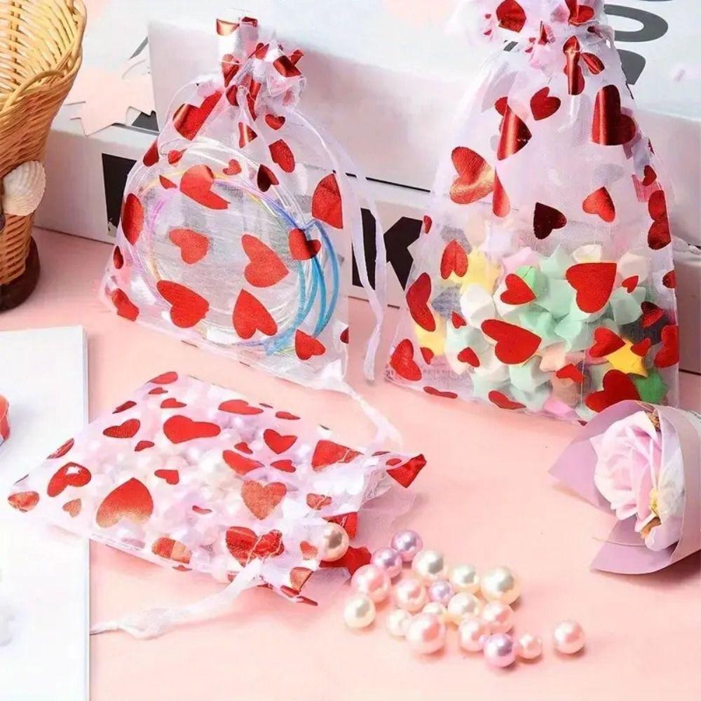 20pcs Love Heart Valentine's Day Gift Bag Drawstring Bronzing Gift Bag Mesh Candy Pouches Wedding