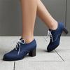Fashion Vintage Denim Women Lace Up Pumps Square Heel Round Toe High Heels British Style Oxfords Autumn Low Top Student Shoes Blue Boots