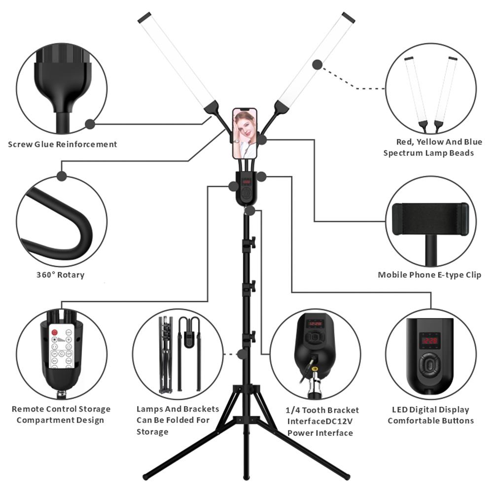 Flexible 2-Arms LED Video Light Photography Fill Light 3000K/4000K/6000K Bi-color Dimmable Timer