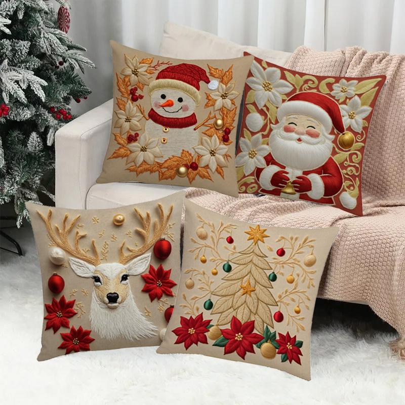 1/4pcs Cushion Cover New Year 2026 Linen Pillow Cases 45*45CM Pillowcase Single-Sided Excludes Inserts 2D Christmas Xmas Gifts