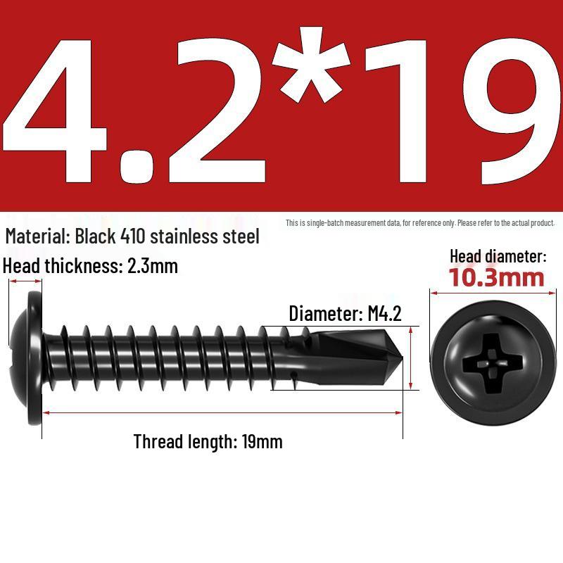 Black Phillips Flat Head Self-Tapping Screws with Washer, 410 Stainless Steel, 4.2M-4.8 Size.
