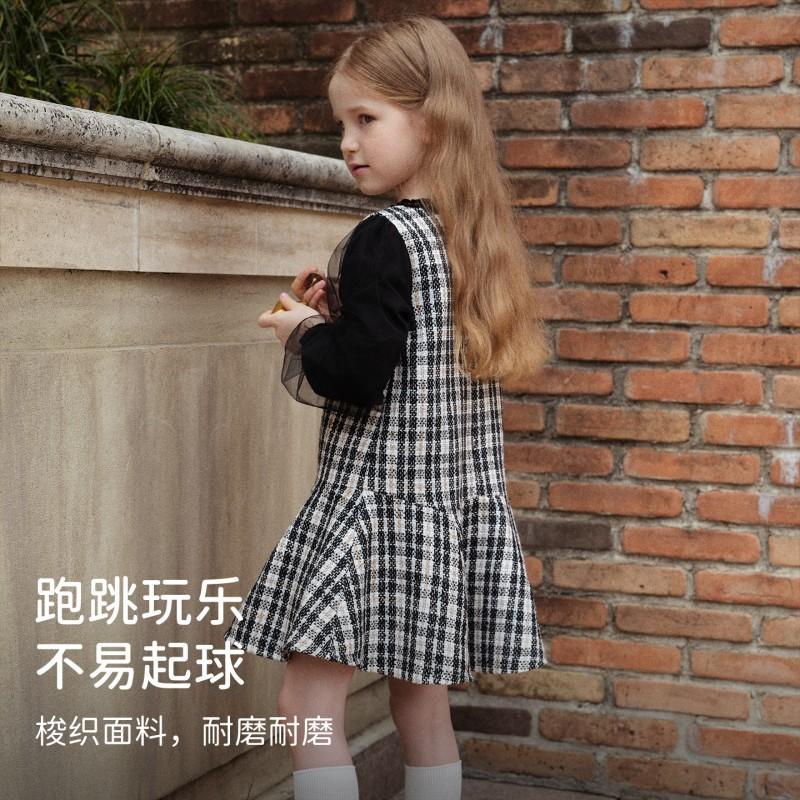 David Bella Girls' Fragrant Dress Autumn Children's Splicing Skirt Checkered Skirt