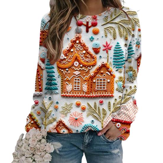 Christmas Sweatshirt Women 3D Xmas Tree House Print Crew Neck Long Sleeve Tops Lightweight Holiday Pullover Tops