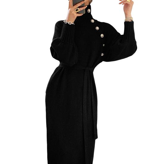 Autumn Winter Lady Dress Knitted High Collar Neck Protection with Belt Long Lantern Sleeves Ankle Length Button Decor Solid Color Maxi Dress