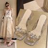 Transparent High Heels Thick Mid-heel Open-toed Sandals Women's Shoes Wear 2025 Summer Slippers with Pearl Rhinestones