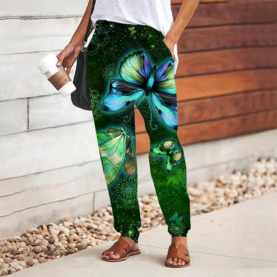 Women Retro Printing Pants Lace Up Elastic Waist Loose Trousers Casual Long Pants Trousers with Pockets