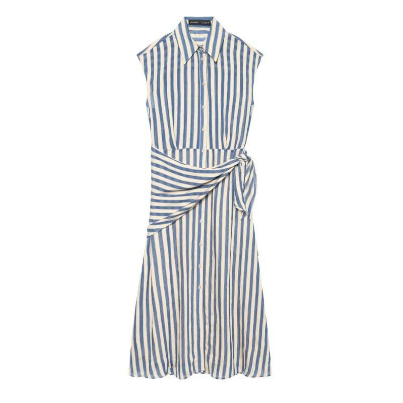 Womens 2026 Striped Sleeveless Shirt Dress With Detachable Waist Belt High-Waisted Straight-Cut Midi Casual