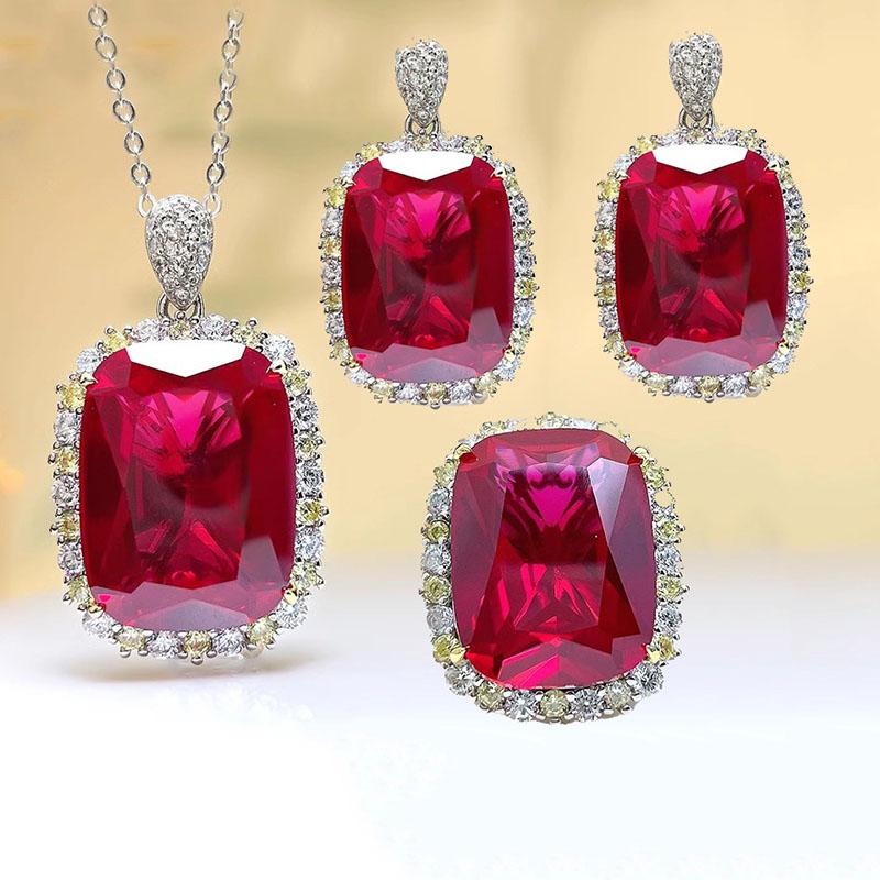 European and American Luxury Ruby Red Corundum Zircon Sets Pendant Necklaces Drop Earrings Banquet Wedding Rings For Women