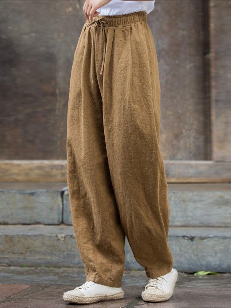 Johnature Женские винтажные прямые брюки с эластичной резинкой на талии и поясом с карманами, однотонные осенние свободные повседневные льняные женские брюки