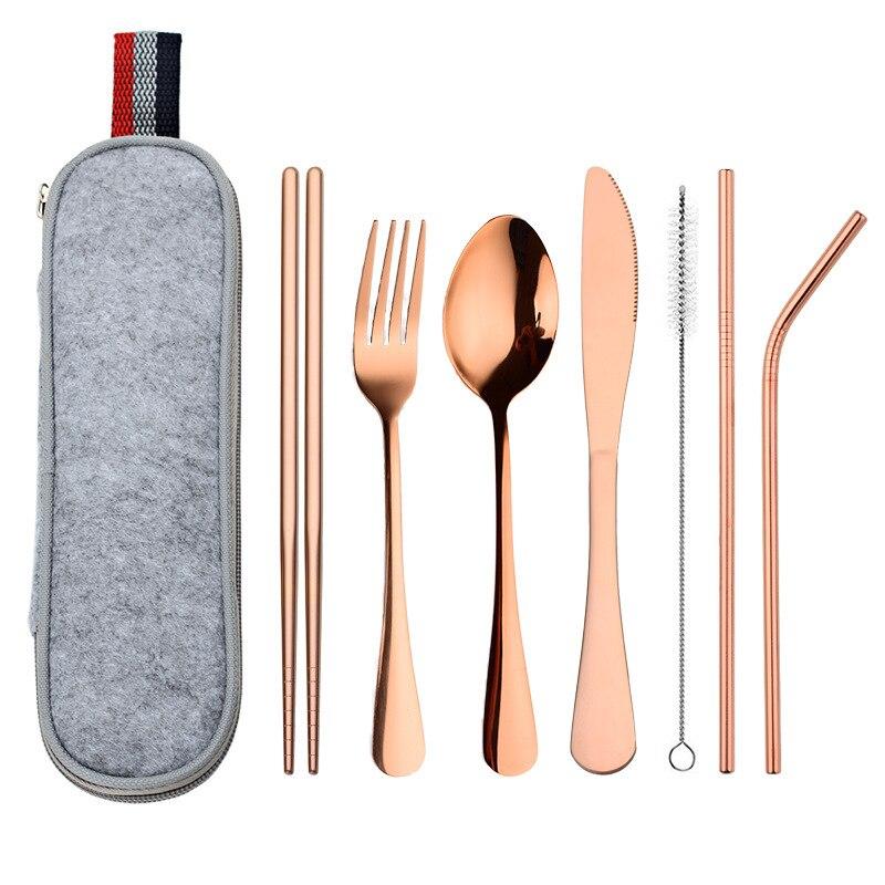 Travel Dinnerware Set Portable Cutlery Camping Dinner Sets Stainless Steel Tableware Rainbow With Straw Kit Brush Chopstick Bag
