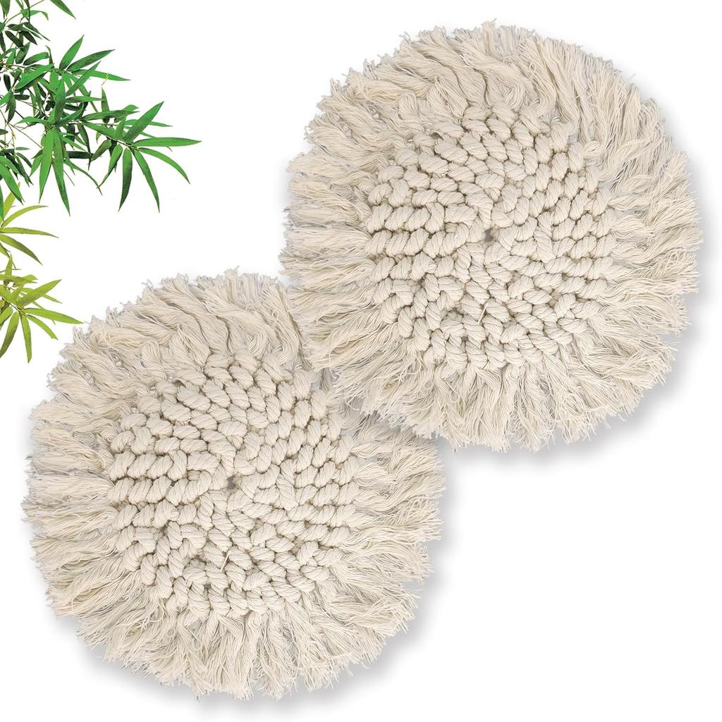 2 Pcs Handmade Coasters with Tassels for Drinks Absorbent Boho Coasters Set White Cotton Coaster for Mugs Cups, Housewarming Present Tabletop