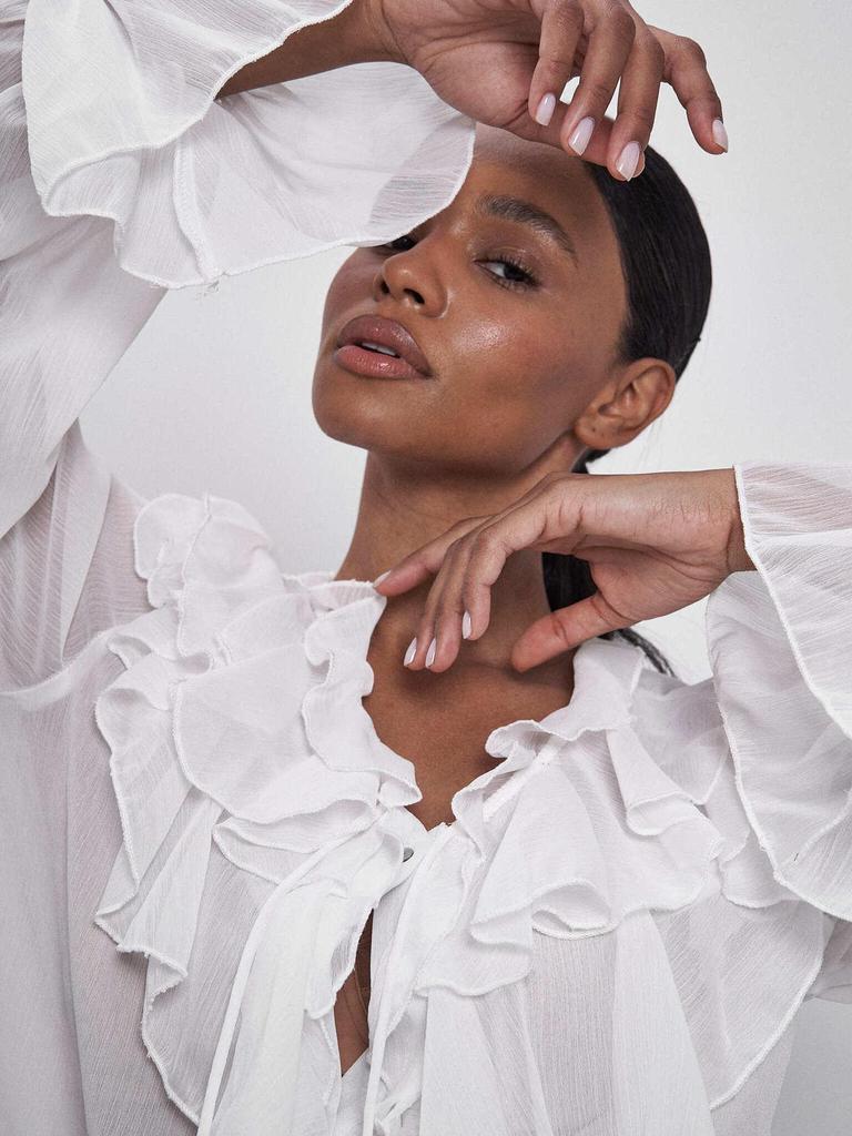 Стильная европейская и американская блузка с завязками, пышными рукавами и оборками, V-образным вырезом - однотонный женский весенний топ