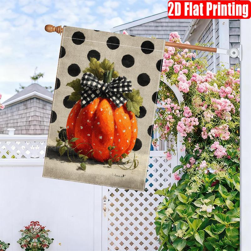 2D Flat, 2D Flat,1pc Hello Fall Autumn Pumpkin with Black And White Bowknot Pattern Print 4 (2) 2D Double-Sided Garden Flag, Suitable for Indoor And O