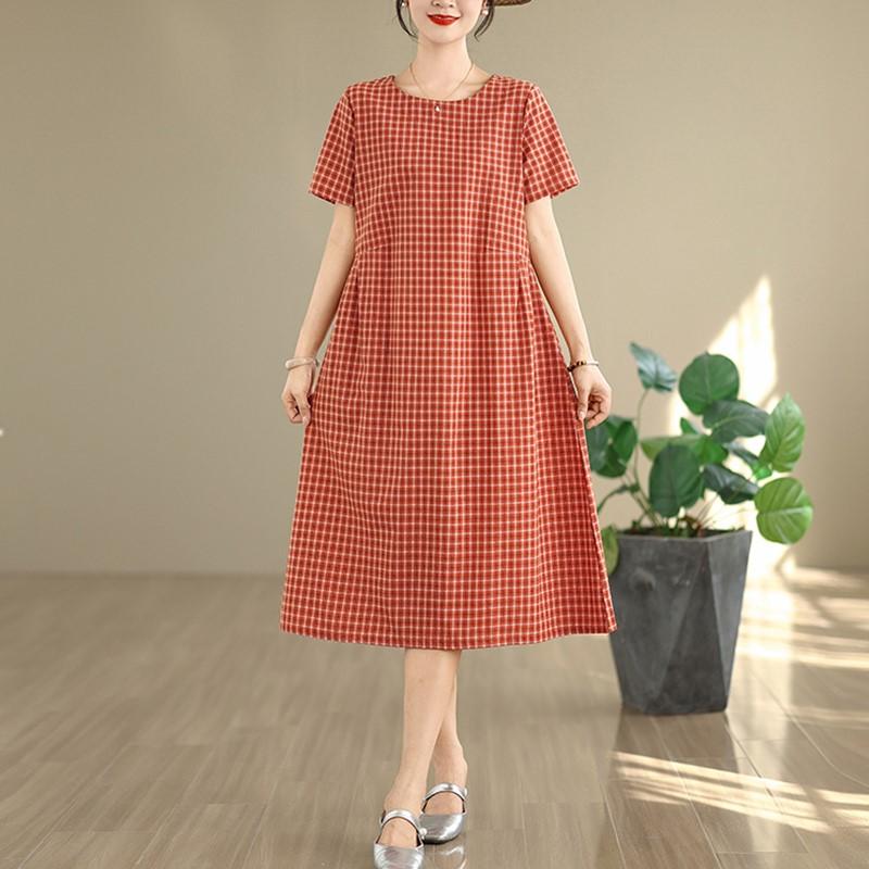 Короткий рукав Плюс размер хлопок лен винтажная клетка новые платья для женщин повседневное свободное длинное летнее платье